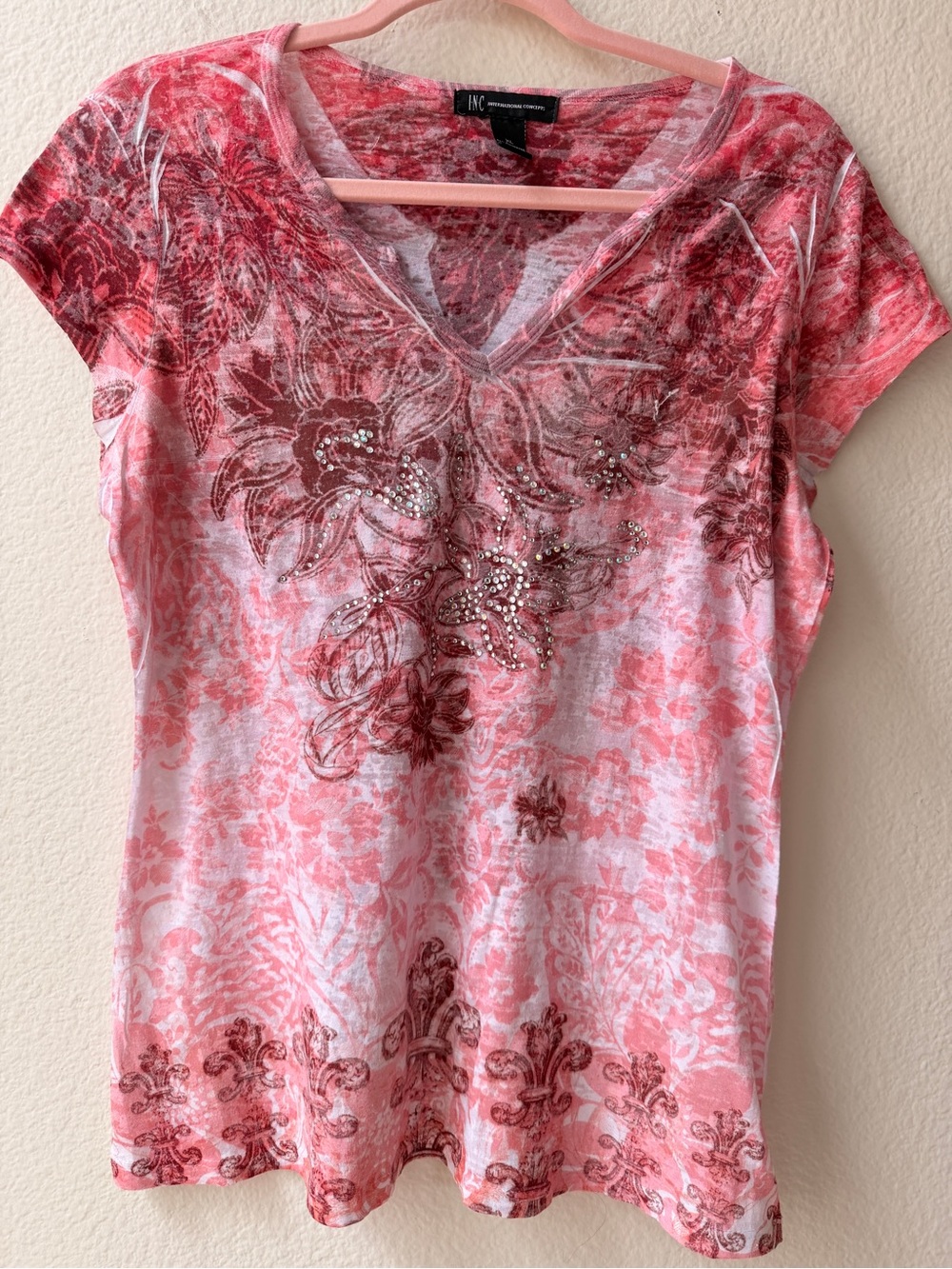INC Y2K Burnout Pink Floral V-Neck‎ Tee Rhinestones Whimsigoth Fairygrunge XL